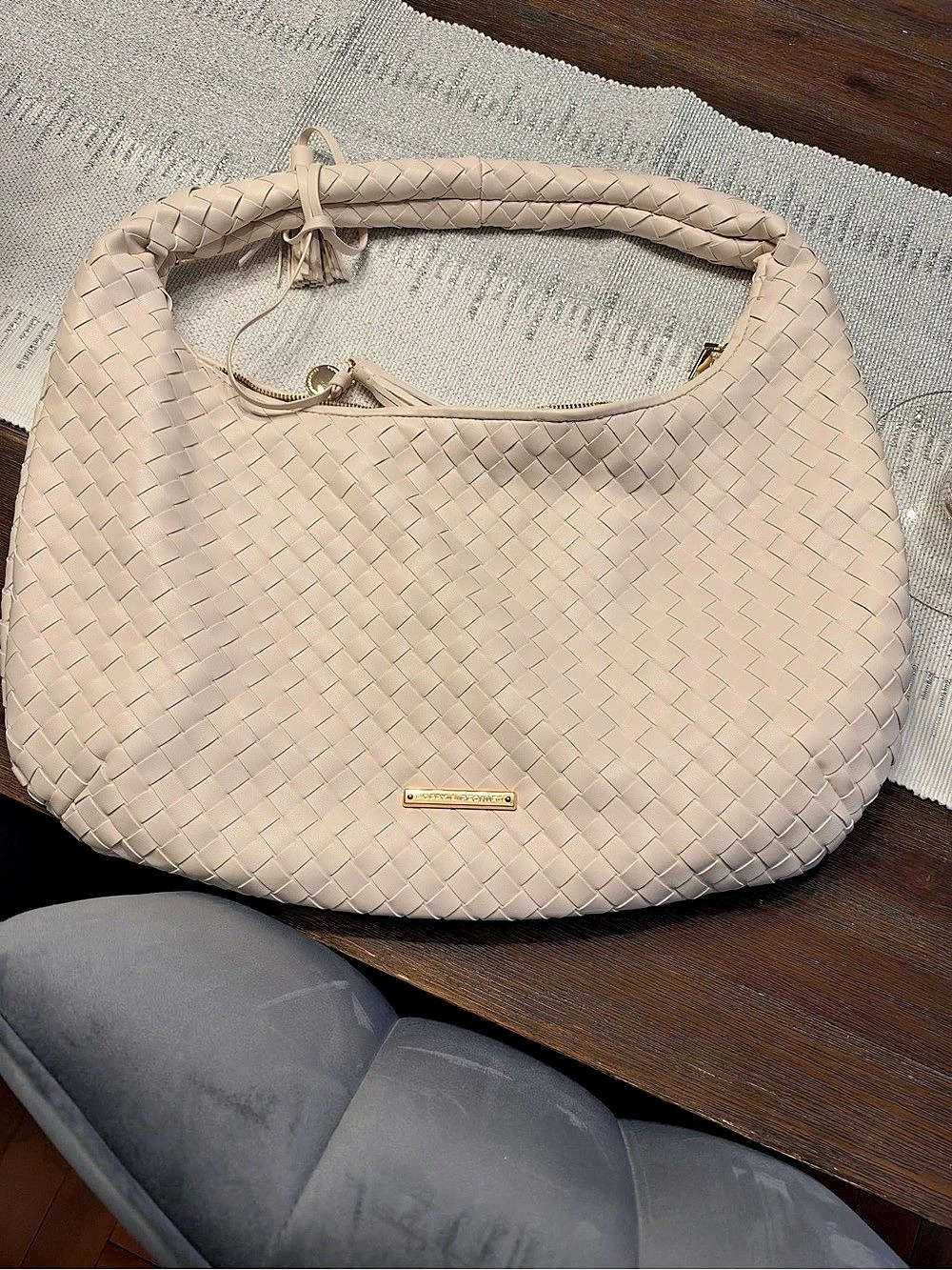 Poppy and Peonies Woven Hobo Bag in Cream Like New